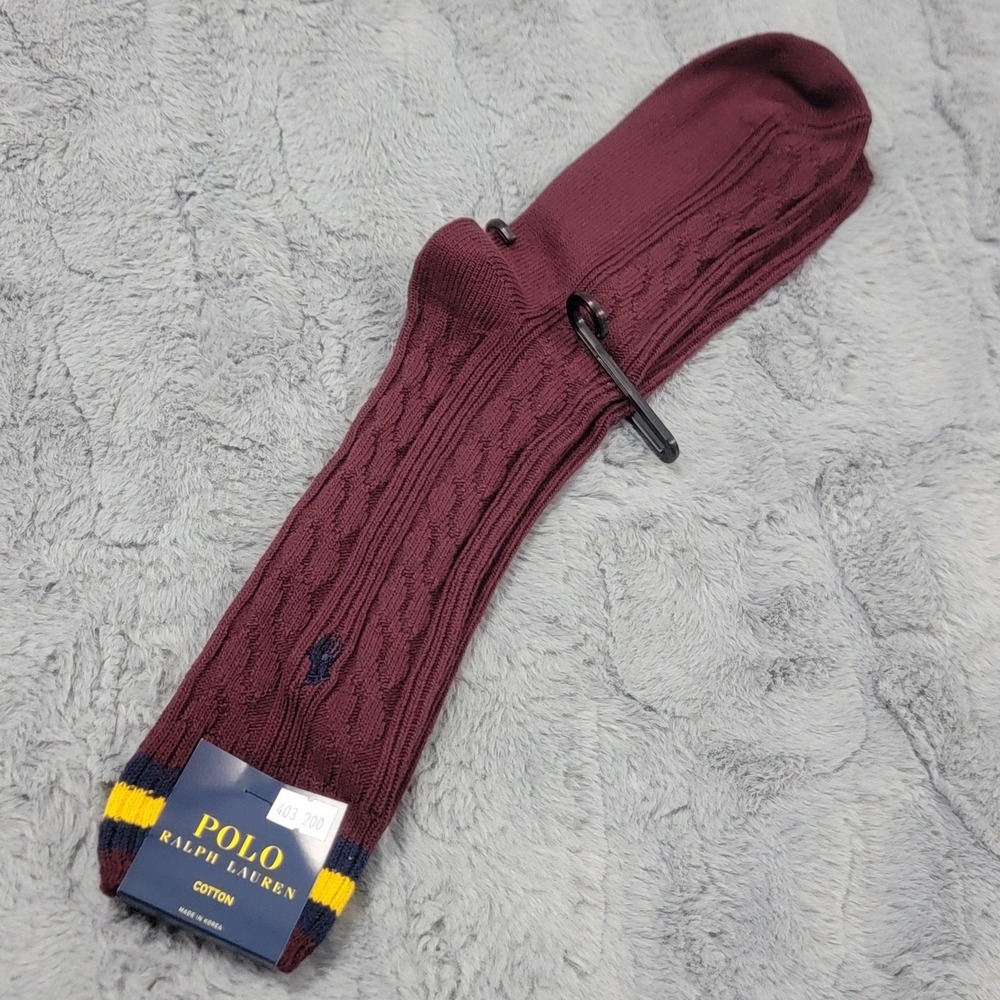 Polo Ralph Lauren Socks Mens 10-13 Burgundy Red Striped Cable Knit Crew Pony